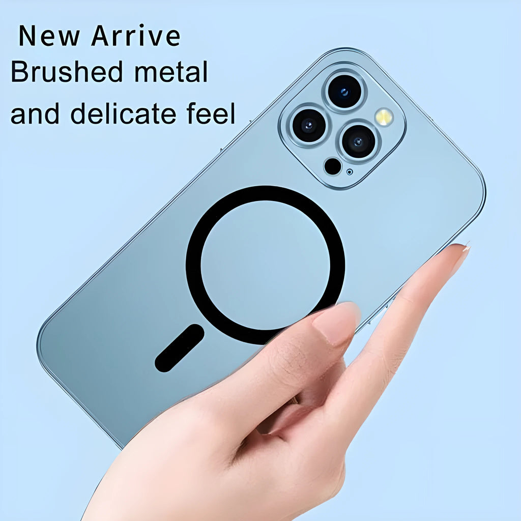 Aluminium alloy frame protective iPhone case with magnetic suction in dark purple colour with nickel piece detail