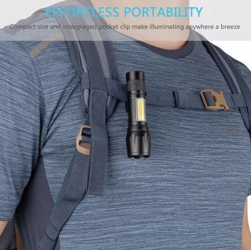 Black aluminium alloy mini telescopic LED torch with zoom focus and pocket clip