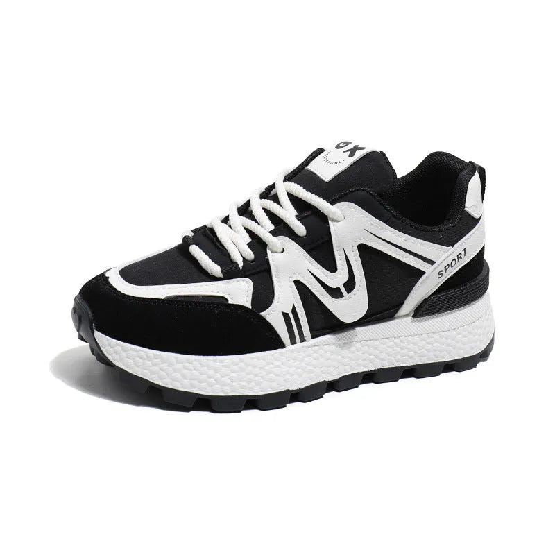 Women's flat heel platform casual shoes in black with lace-up design and round toe