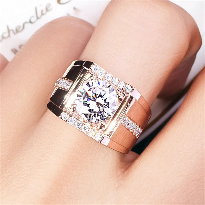 Men's adjustable imitation moissanite ring in rose gold colour with geometric diamond design