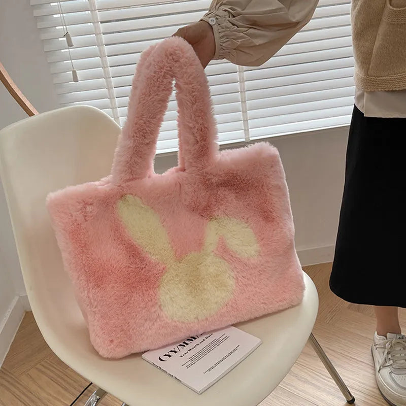 Cartoon rabbit ears plush tote shoulder bag in solid colour with large capacity