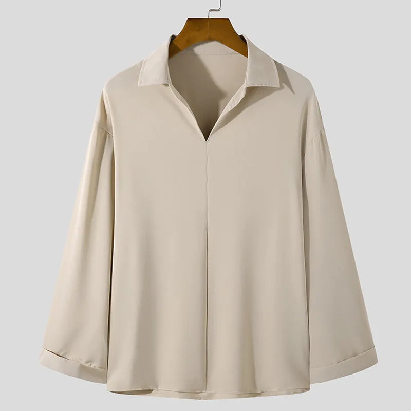 Men's loose lapel casual shirt in polyester blend available in white, black, skin tone and blue