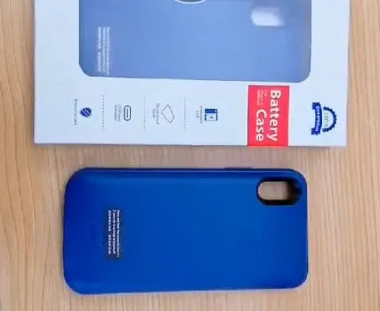 Shockproof silicone battery charger case for iPhone in black, blue, pink, or white, showing phone model compatibility.