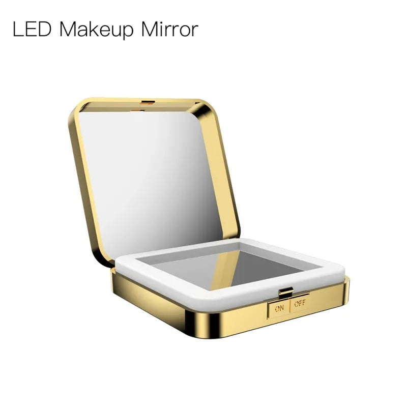 Black and white makeup mirror with 4x magnification on one side, HD mirror on the other, and adjustable lighting controls.