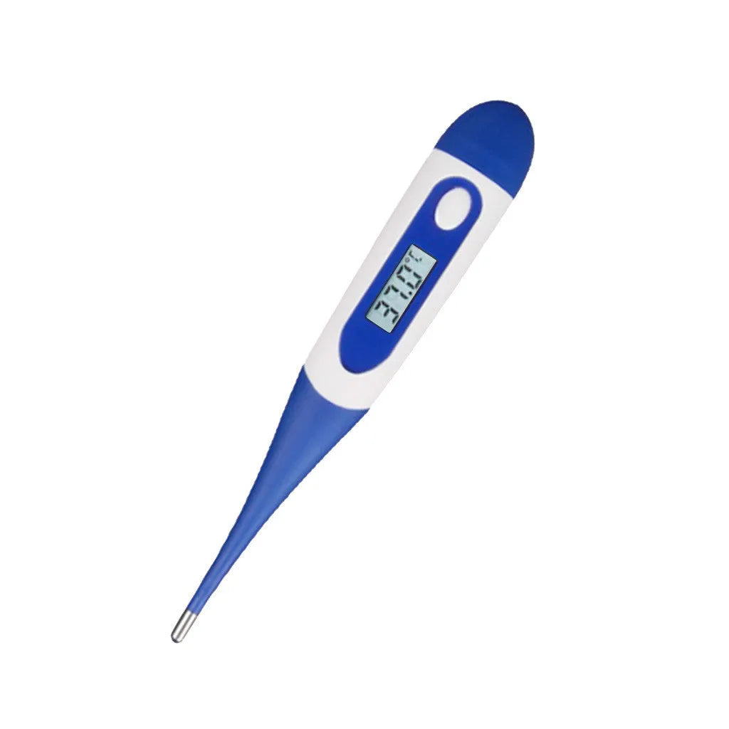 Blue digital electronic waterproof thermometer with LCD display, made from plastic and silicone