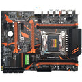Black X99 desktop motherboard with LGA2011-3 socket, four DDR4 slots, two PCI-E x16 slots, and M.2 interface.