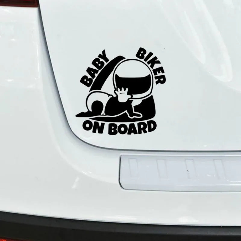 Reflective Baby On Board warning car sticker in black or white, measuring 14.5 by 15 centimetres.