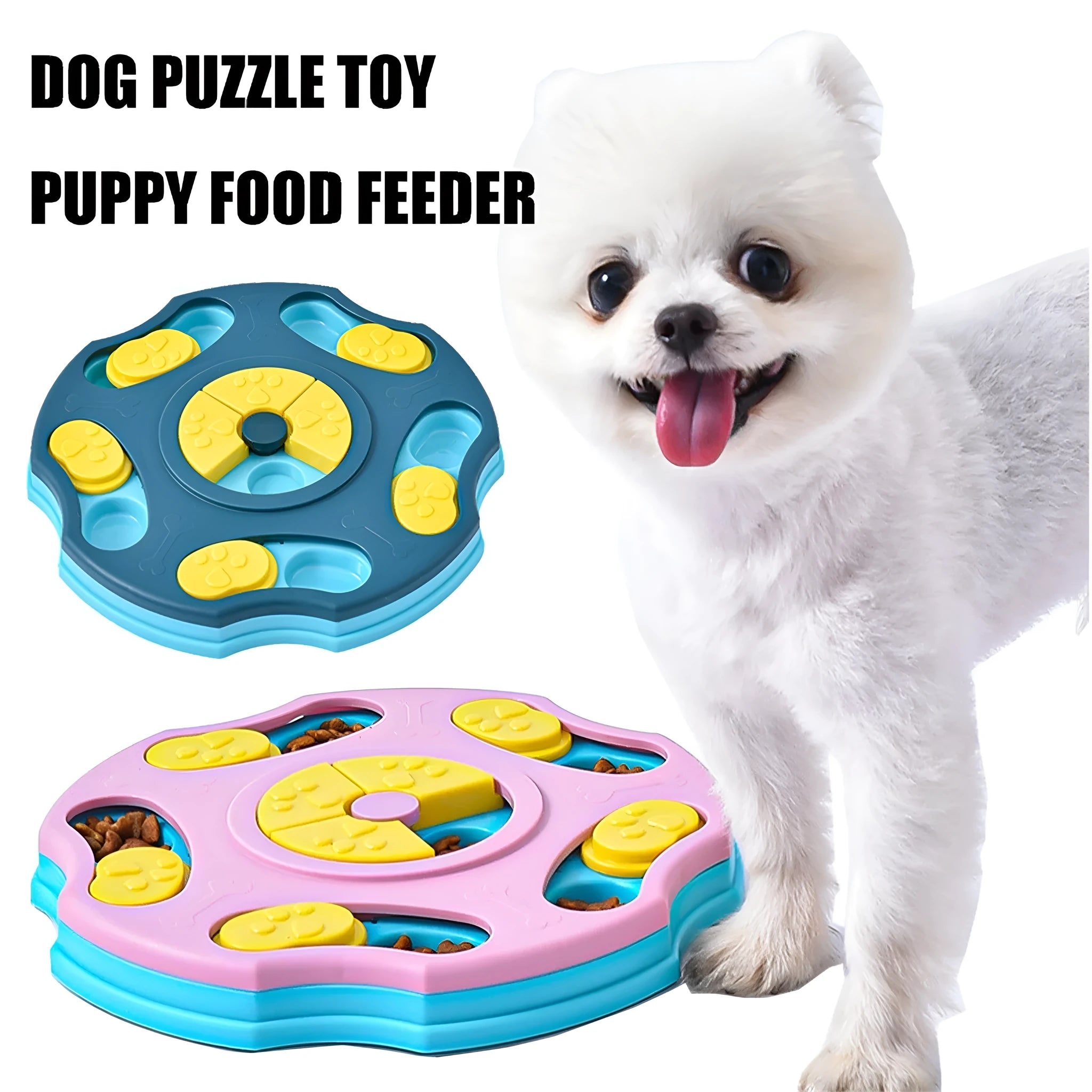 Blue dog puzzle toy food feeder bowl with interactive game elements for aggressive chewers