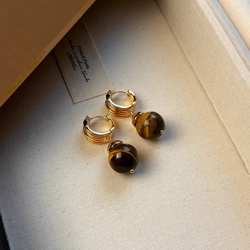 Gold plated geometric tigereye earrings in French retro style for women