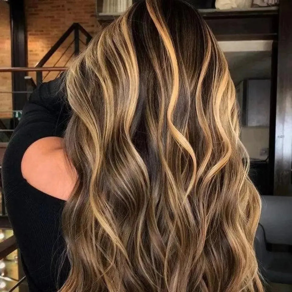 Long curly big wave front lace wig in black gradient colour on a stand, showing side bangs.