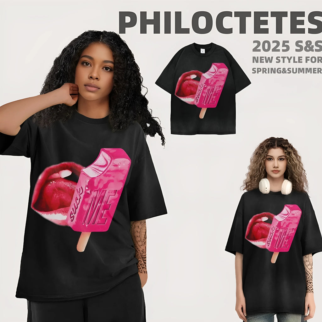 A loose black cotton t-shirt with a cartoon pattern print, showing a heavy washed texture on the short sleeves.