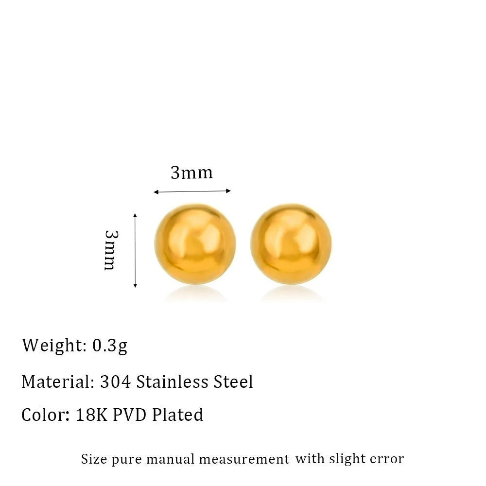 Stainless steel ball stud earrings in gold and silver, shown in 3mm, 4mm, 5mm, and 6mm sizes