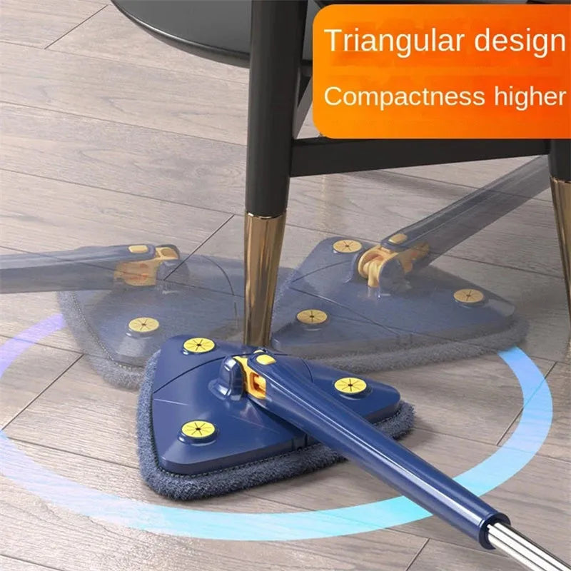 Blue extendable triangle cleaning mop with 360° rotating head and stainless steel pole