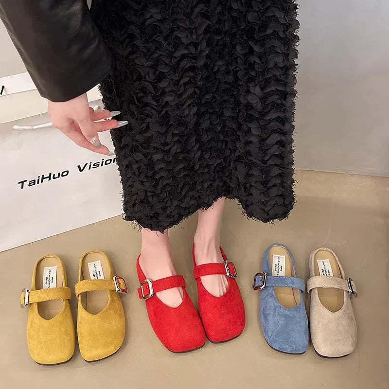 Women's flat closed toe half slippers in yellow, blue, apricot and red colours with square head design