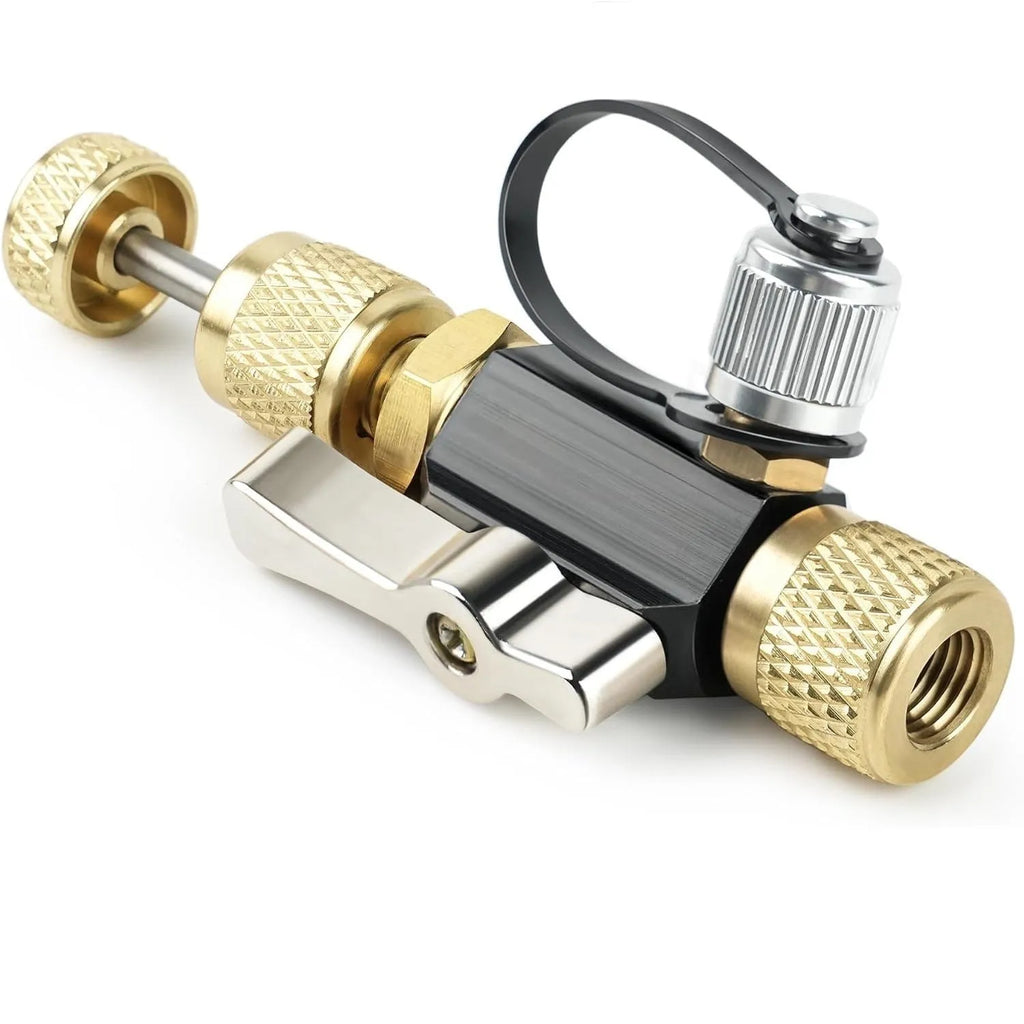 Metal vacuum valve core disassembly tool set with valve removers in 1/4 and 5/16 sizes