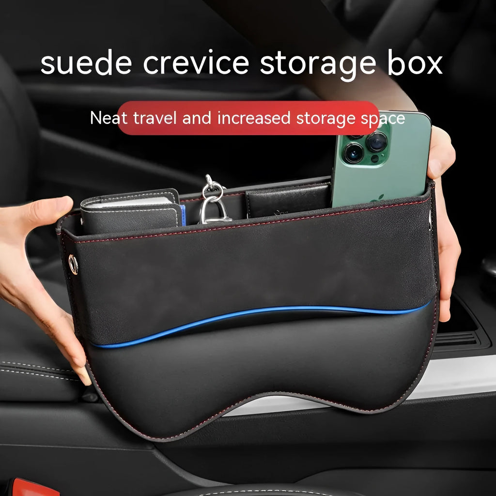 Leather car seat storage box in a choice of five colours on a car rear seat.