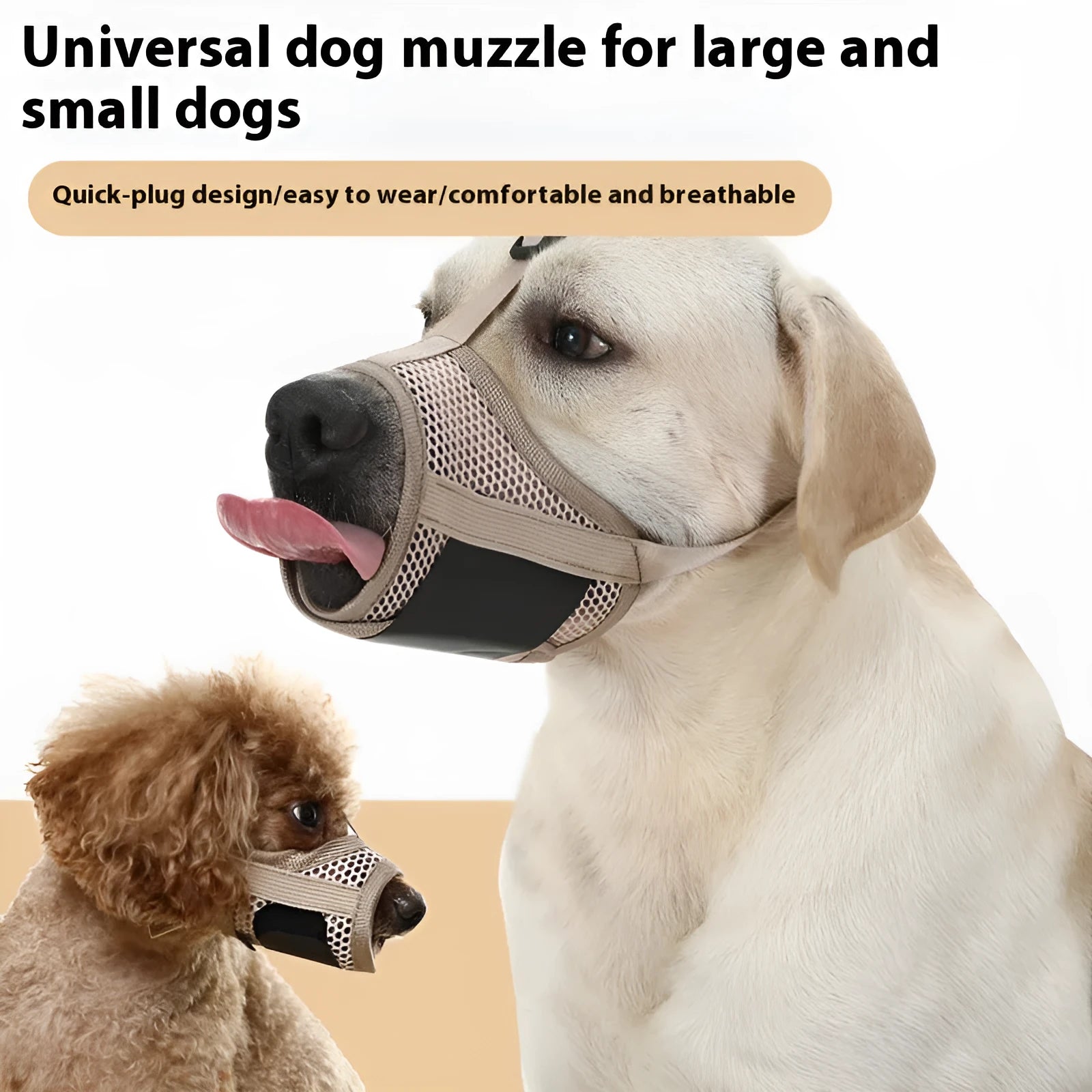 Pet dog anti-bite breathable mesh muzzle in khaki with drinking faucet opening, five sizes available