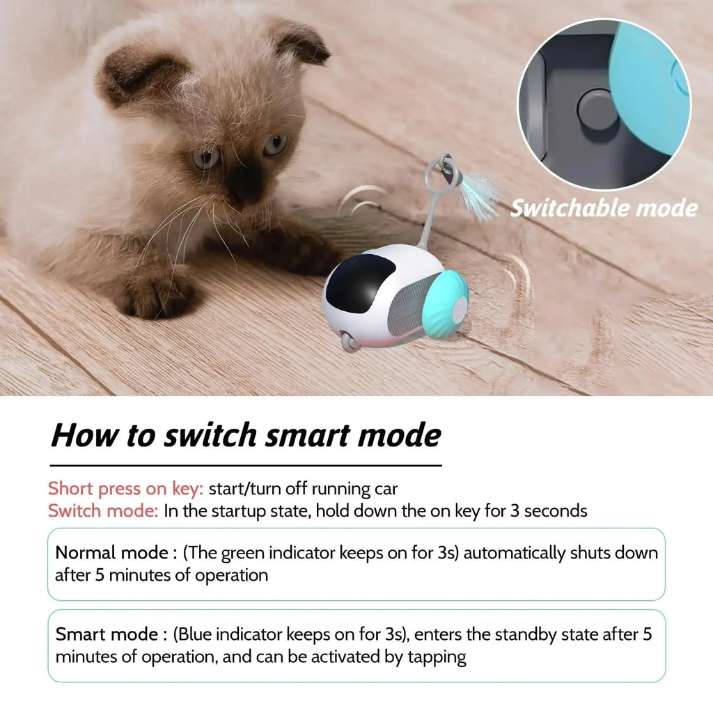 Blue remote controlled cat toy car with feather teaser attachment on hard floor