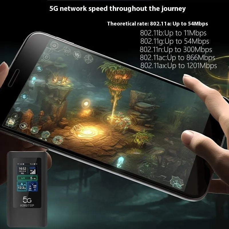 Black portable 5G Wi-Fi router showing LCD screen, USB Type-C port, and power button