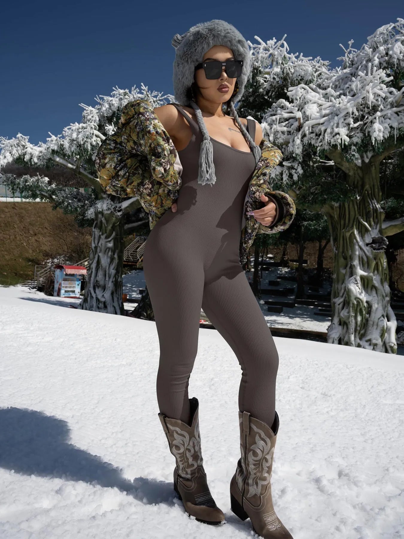 Women's long sleeve suspender tank top tights with button detailing in multiple colour options
