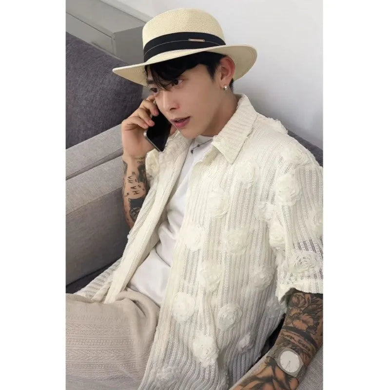 Men's heavy industry three-dimensional floral short-sleeved shirt in loose fit plus size with wool lining