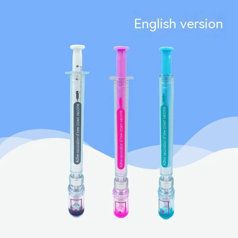 Vaccine design gel pen with black 0.5mm needle point refill and plastic construction