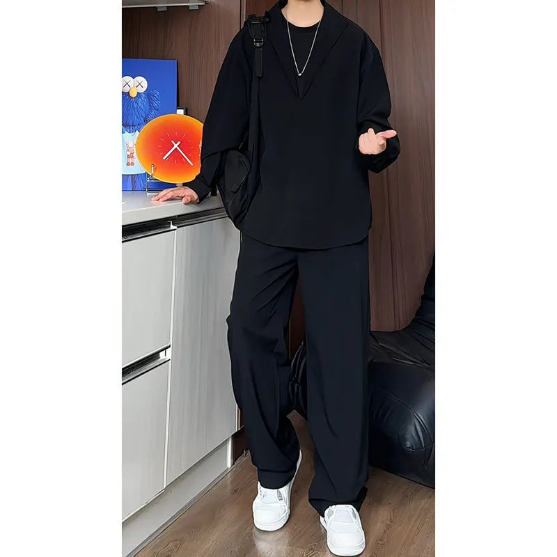 Men's casual hemp two-piece suit set with long sleeve polo shirt and matching trousers in slim fit