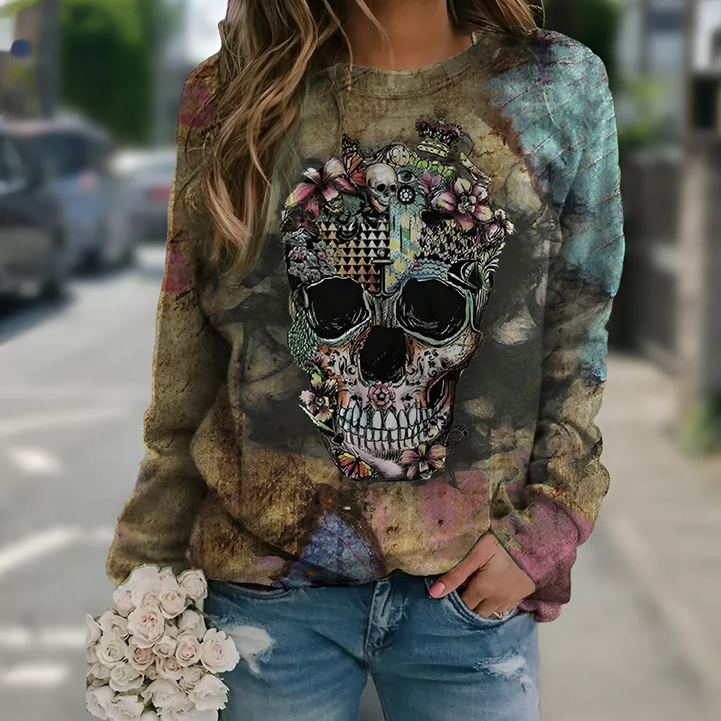 Black men's sweatshirt with skull print design and long sleeves