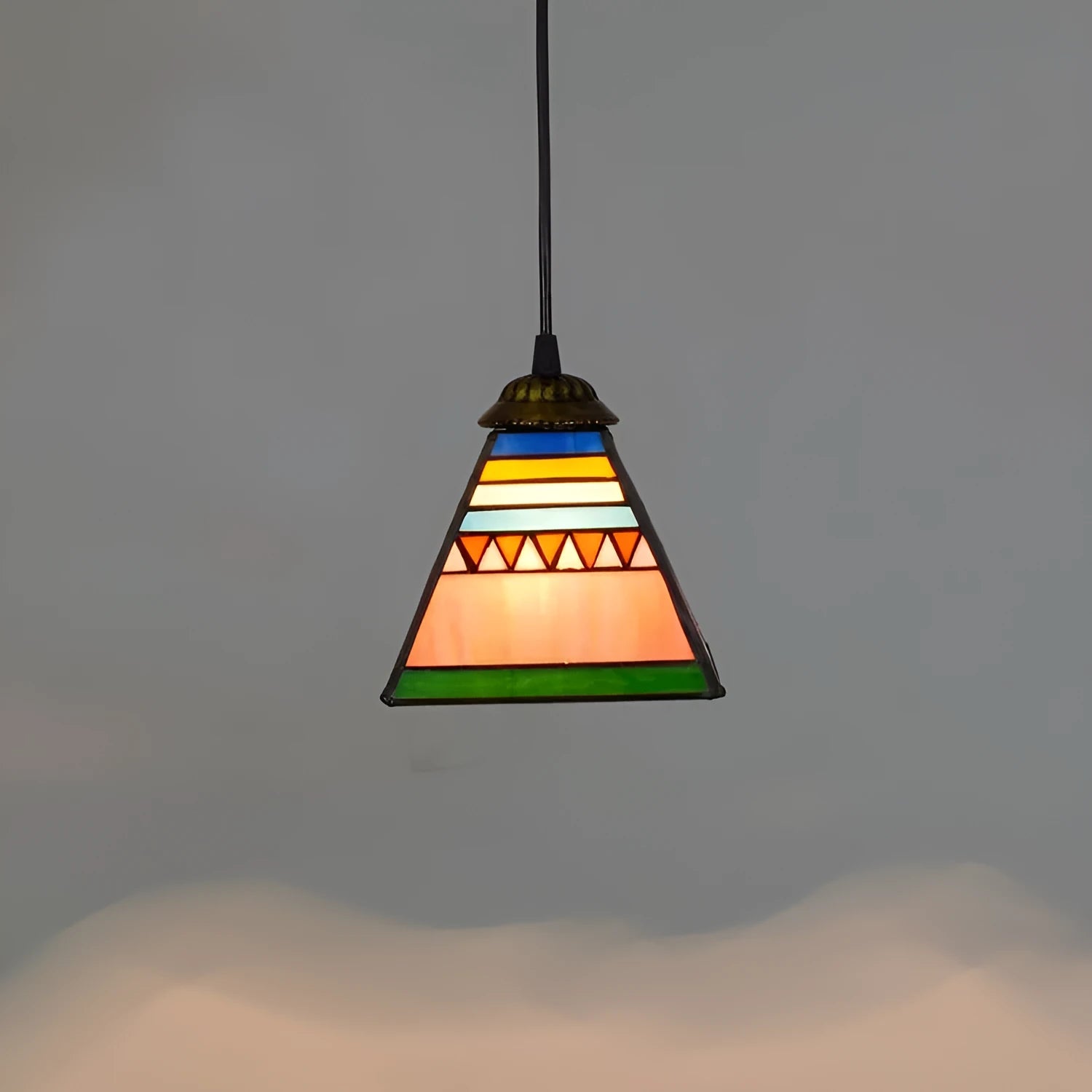 Small art stained glass pendant droplight with coloured glass shade and iron ceiling mount