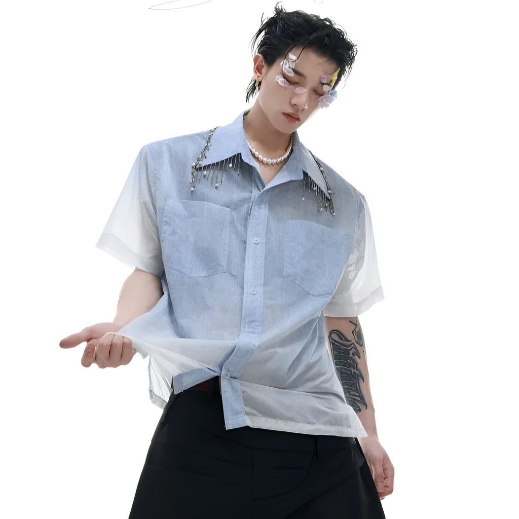 Blue and white gradient loose fit men's short sleeve casual summer shirt