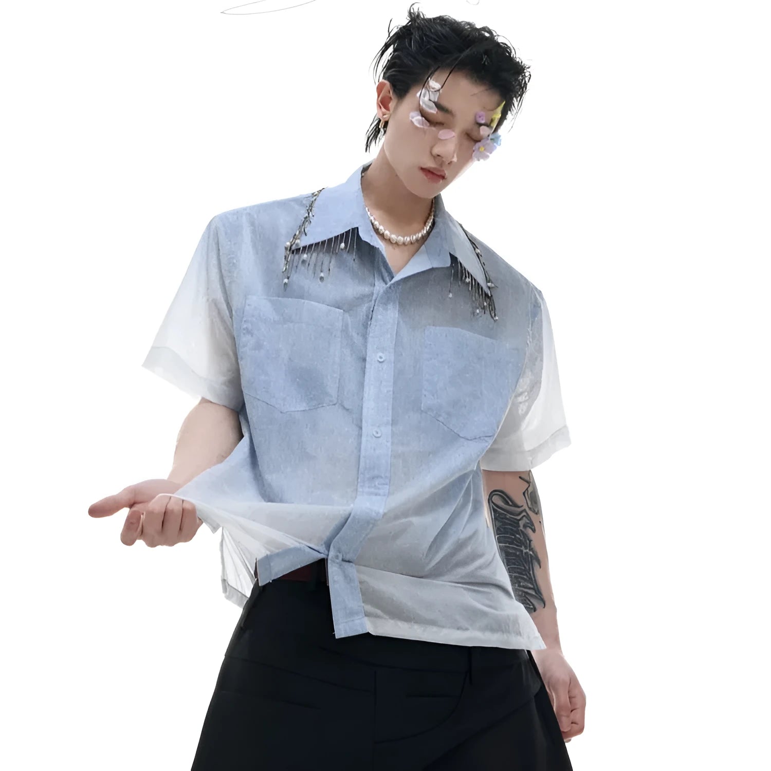 Blue and white gradient loose fit men's short sleeve casual summer shirt