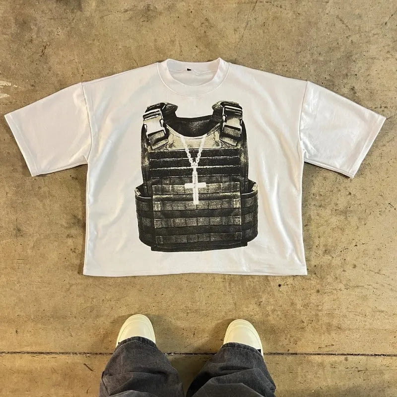 Printed cotton short sleeve T-shirt with drop-shoulder design in retro street style