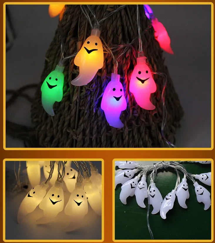 Halloween LED string lights with bat, pumpkin, ghost and spider pendants on a 1.2 metre battery-powered string