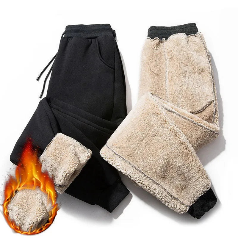 Black fleece lined straight leg trousers for men and women with drawstring waist, available in sizes M-5XL