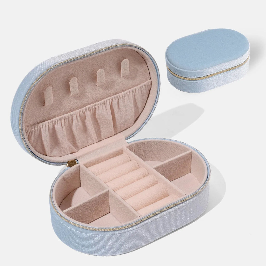 Oval velvet jewellery storage box in multiple colours with flannel interior, measuring 15x10x5cm