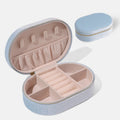 Oval velvet jewellery storage box in multiple colours with flannel interior, measuring 15x10x5cm