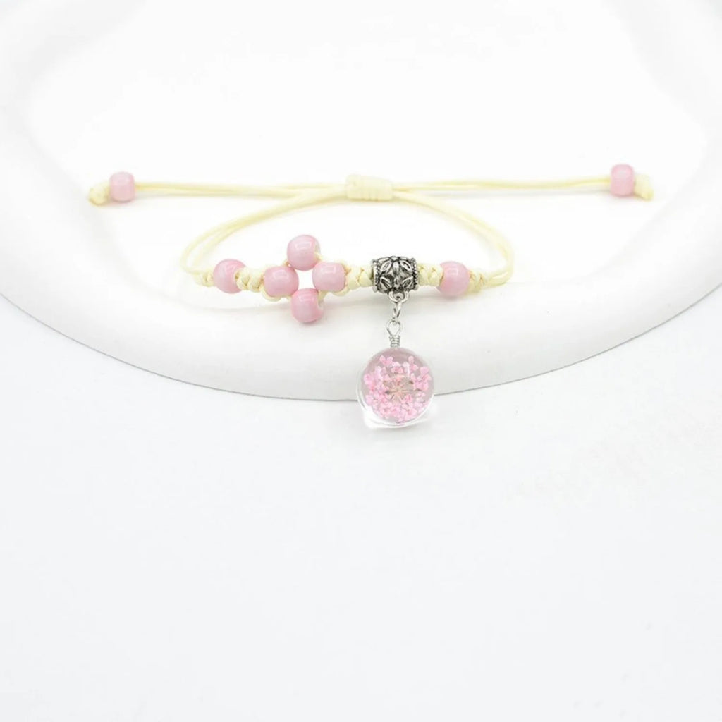 Glass dried flower bracelet with large 1.4cm beads containing real preserved flowers in multiple colour options