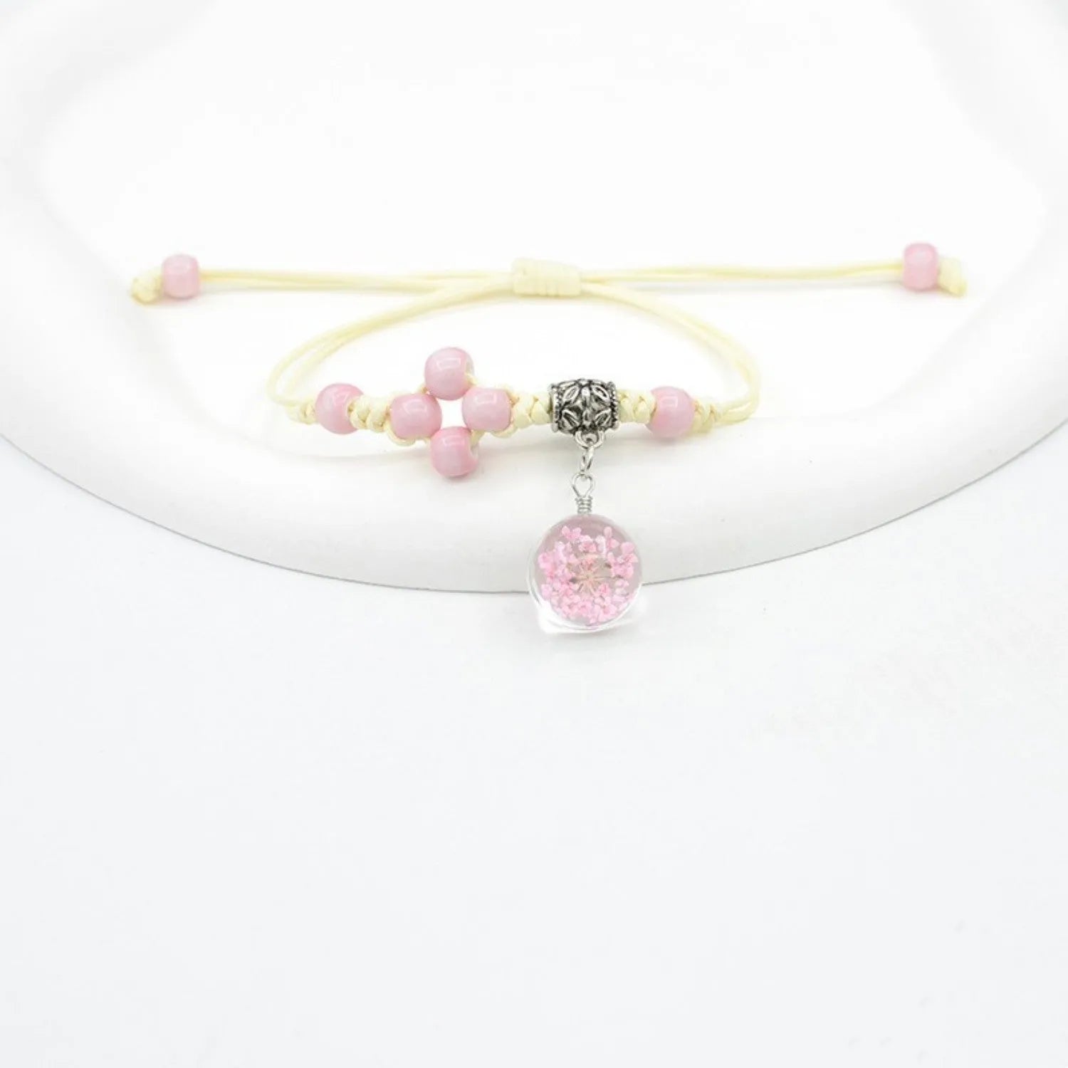 Glass dried flower bracelet with large 1.4cm beads containing real preserved flowers in multiple colour options