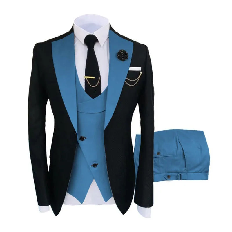 Men's slim fit three-piece business suit in cotton for weddings with vest and trousers