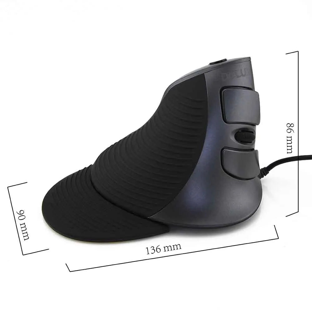 Black and white wired vertical ergonomic mouse for desktop computers on a desk.