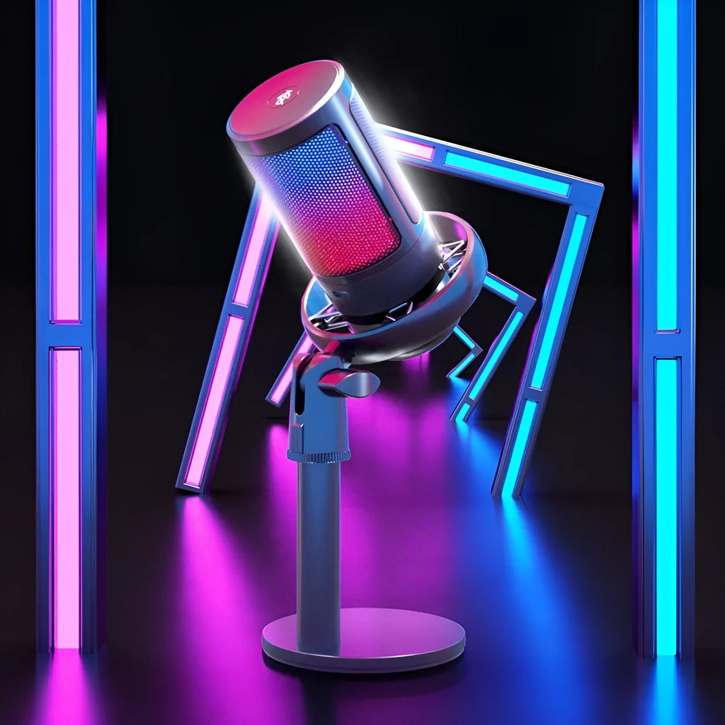 USB condenser microphone with RGB lighting on cantilever stand for professional recording