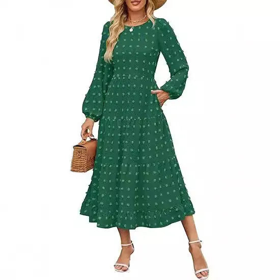 Beige casual long sleeve dress with ruffled sleeves and a high waist on a hanger