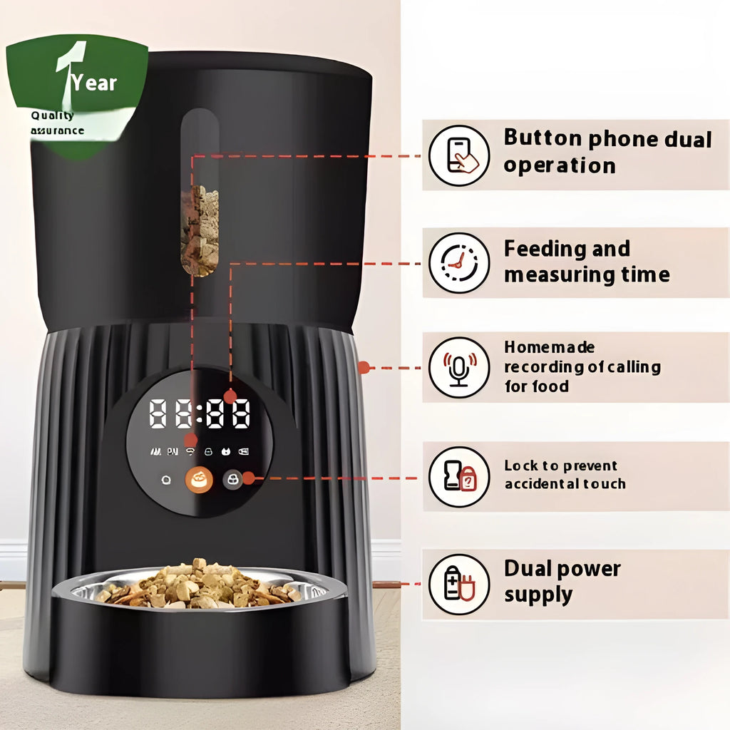 Black intelligent pet feeder with digital display showing feeding schedule