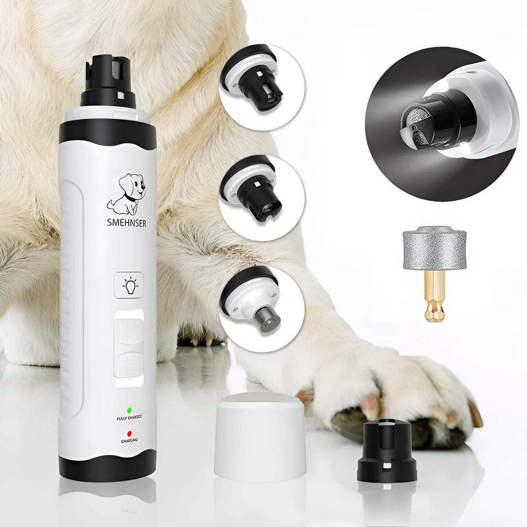 Electric dog nail trimmer with LED display showing speed settings and automatic piercing mechanism