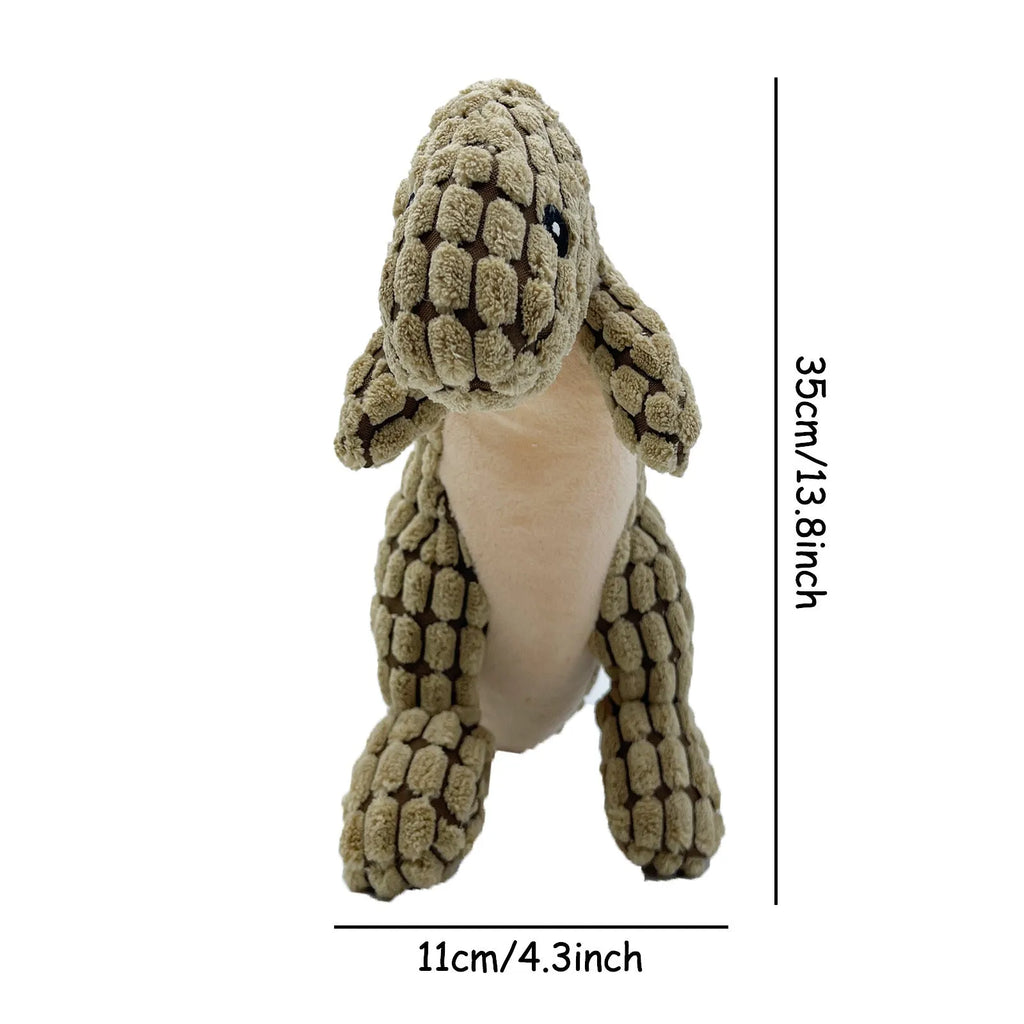 Interactive dog toy with sound features for bite-resistant chewing, available in grey, green, or orange colours.