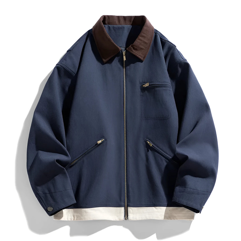 Men's American retro workwear jacket with contrast colour lapels in polyester fabric
