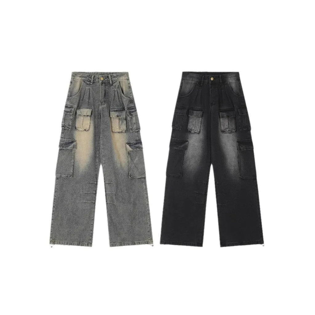 Men's loose fit straight leg distressed jeans with multiple pockets in light blue or black wash