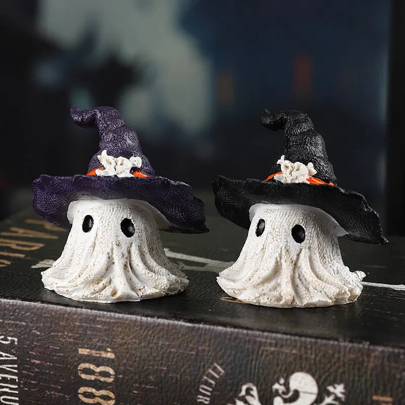 Resin wizard hat ghost ornament in kid-sized dimensions available in black or purple colour options
