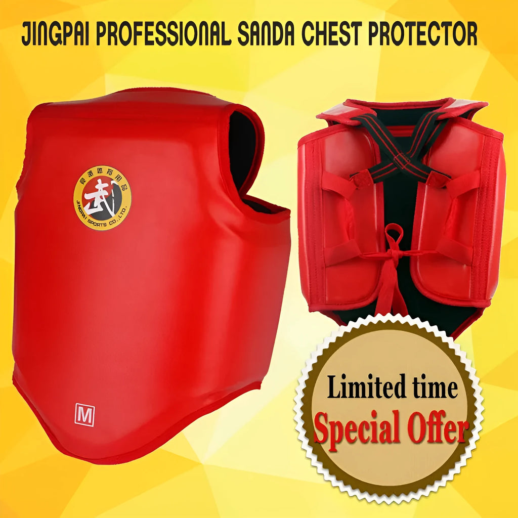 Red boxing helmet with one-piece chest protector for fighting training