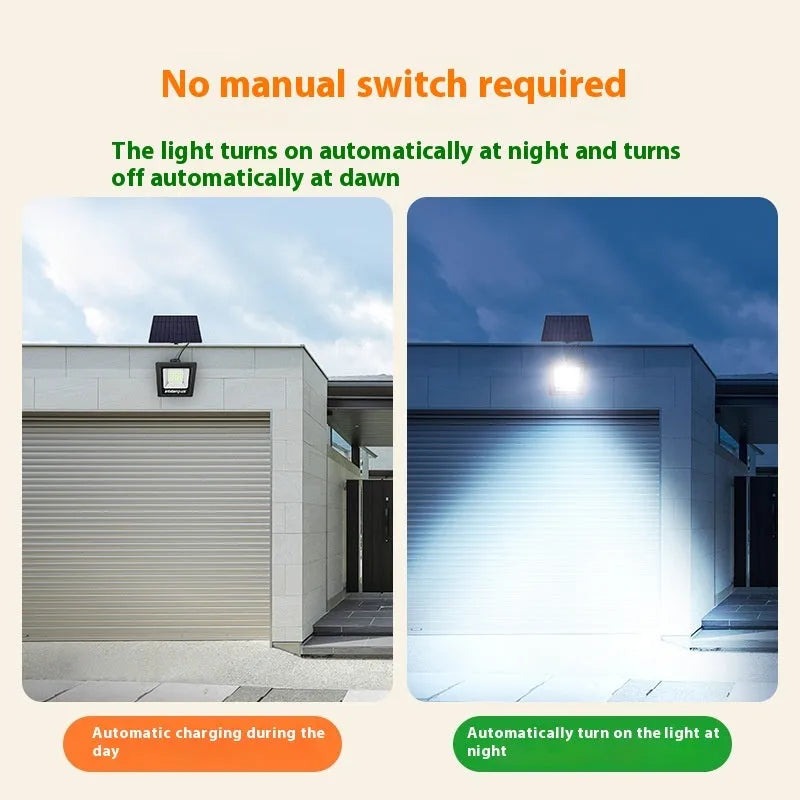 Outdoor waterproof solar LED garden light with IP65 rating shown in a courtyard setting.